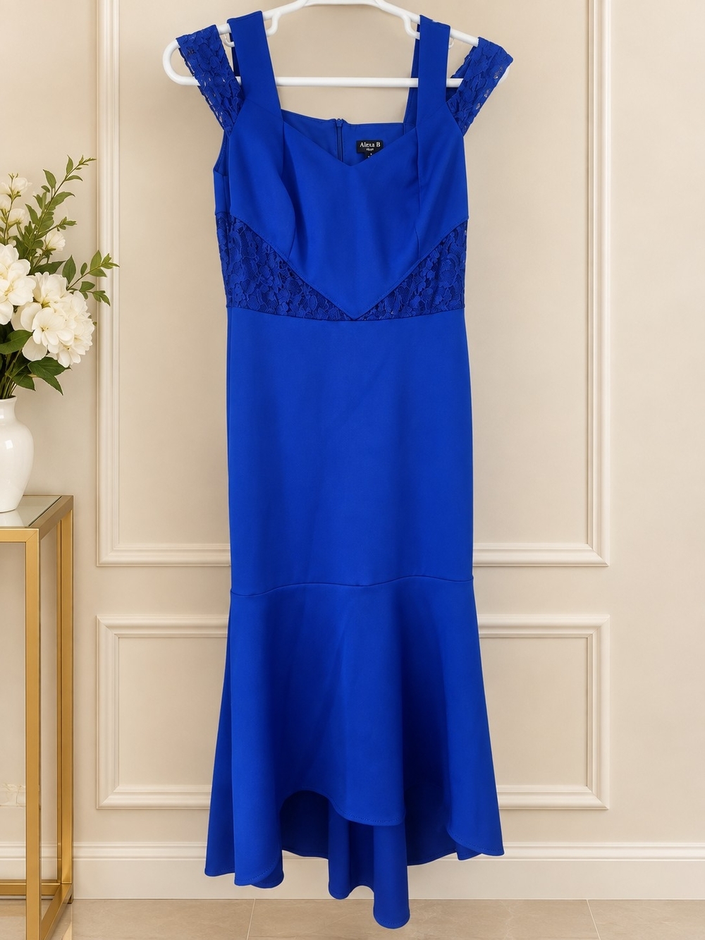 Alexis Royal Blue Lace-Inset High-Low Dress